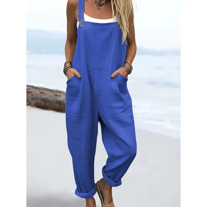 Women's Wide-Leg Linen-Blend Jumpsuit – Sleeveless Art Print