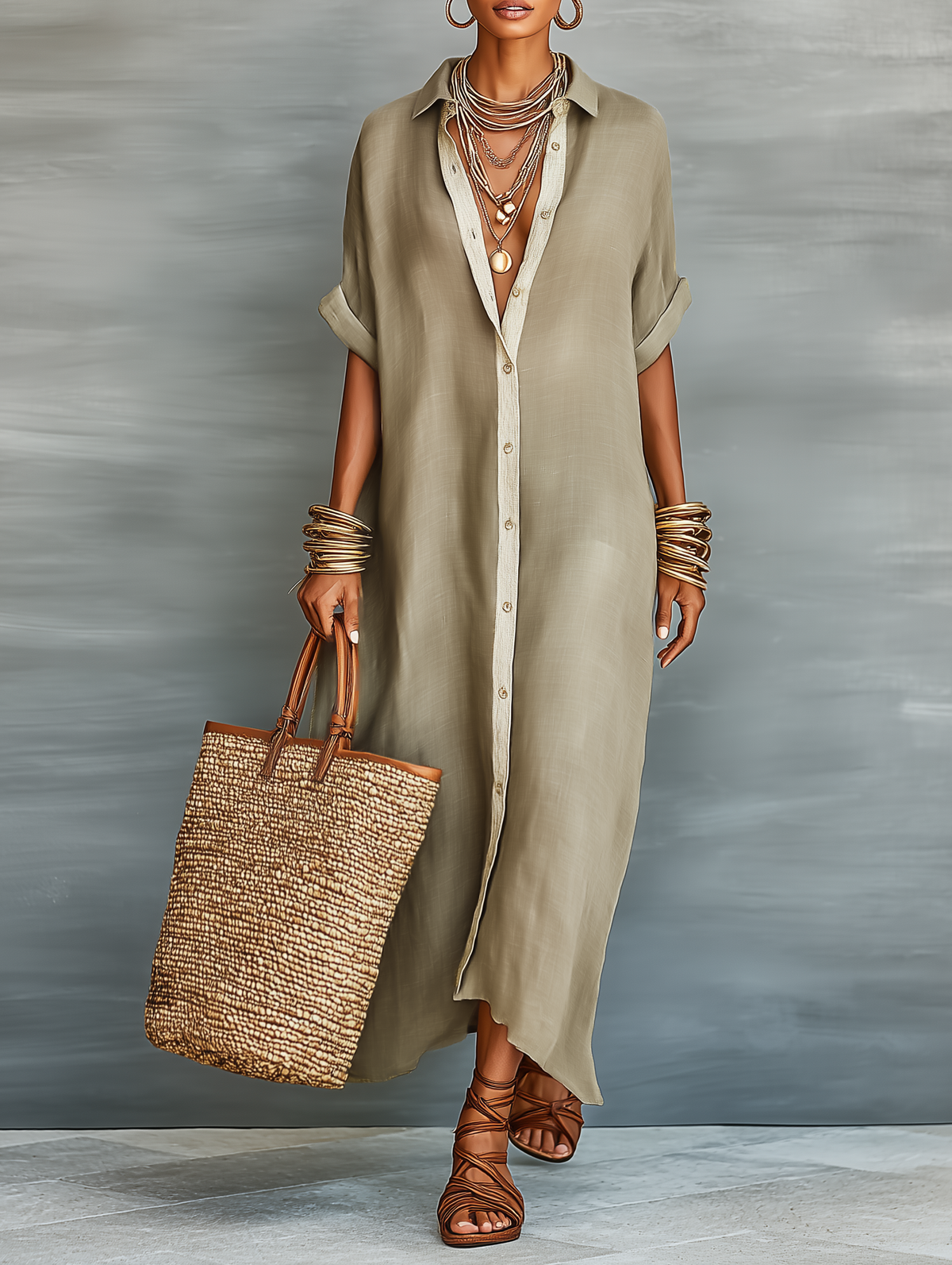 Women's Linen-Blend Shirt Dress – Relaxed Maxi Length