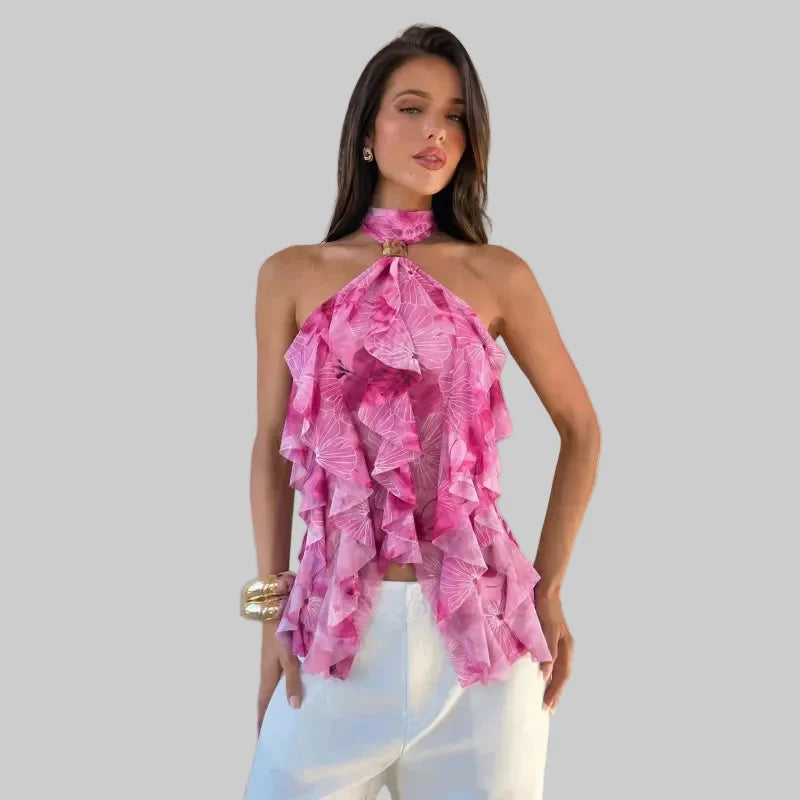 Women's Ruffle Halter Top – Cascading Layered Drape