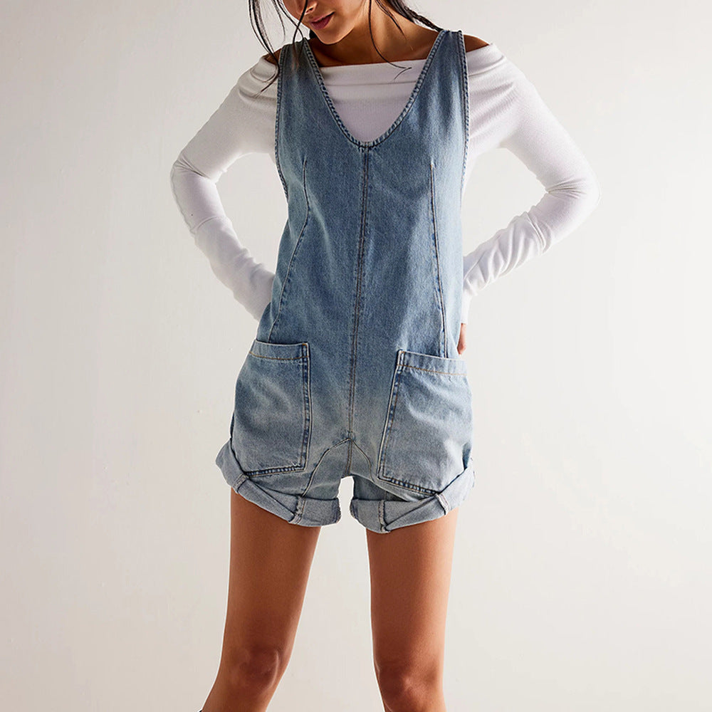 Women's Denim Romper – Oversized Sleeveless Fit
