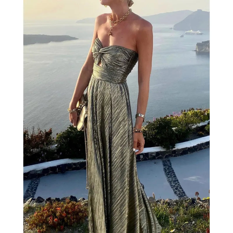 Women's Pleated Bustier Maxi Dress – Strapless Shimmer Gown