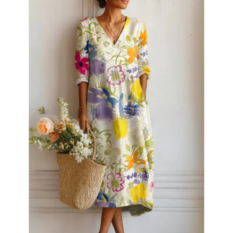 Women's Printed Midi Dress – Mosaic V-Neck Relaxed Fit