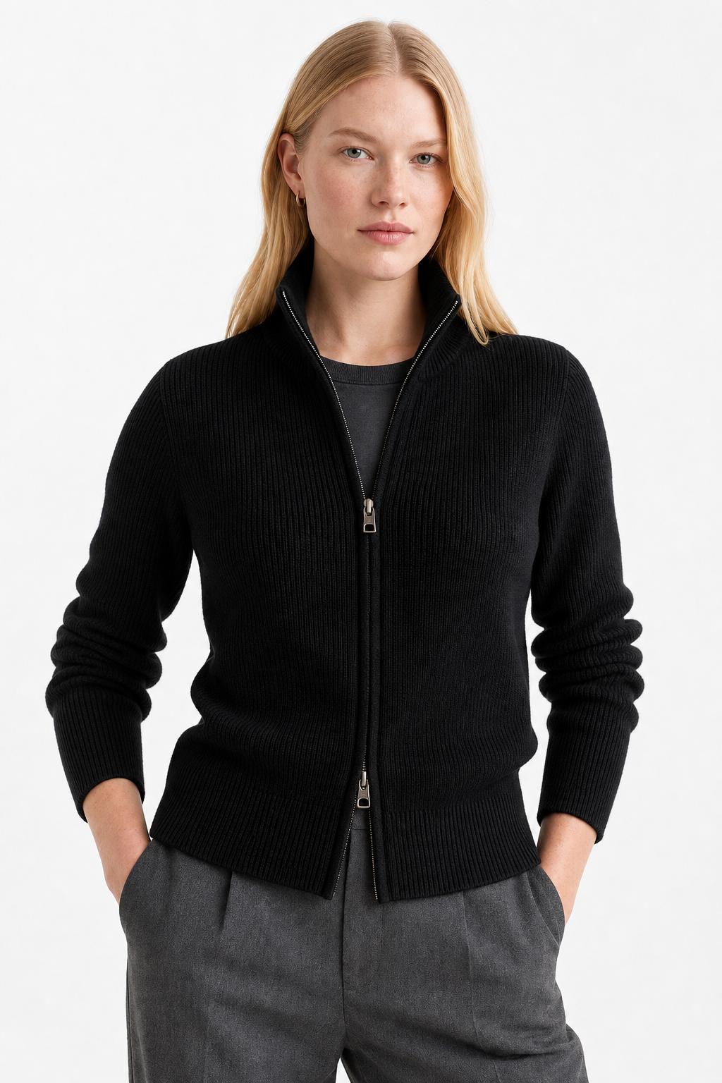 Women's Merino Zip Cardigan – Double-Zip Stand Collar