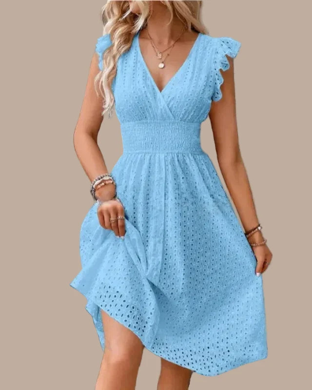 Women's Eyelet Midi Dress – Surplice Neck Ruffle Sleeve