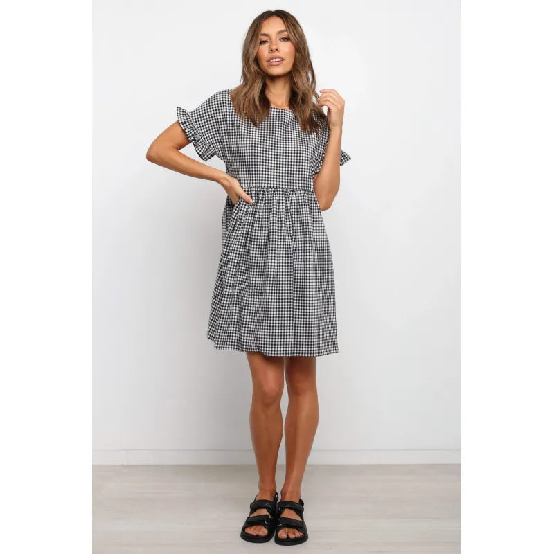 Women's Gingham Mini Dress – Flutter Sleeve A-Line
