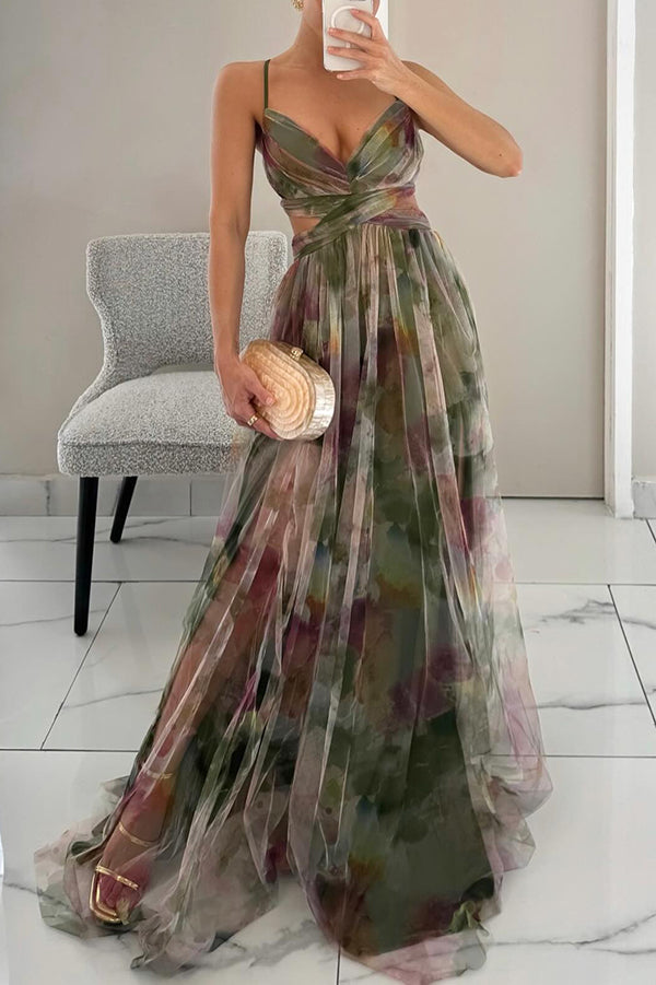 Women's Floral Mesh Maxi Dress – Fitted Bodice Tiered Skirt