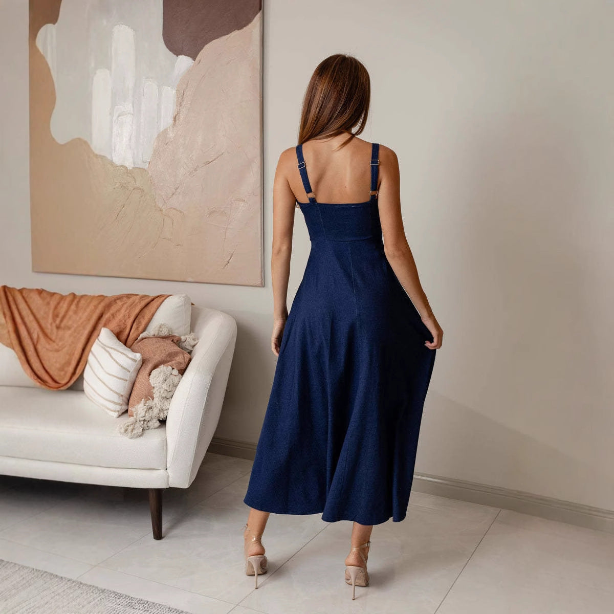 Women's Denim Corset Midi Dress – Square Neck Tie Front