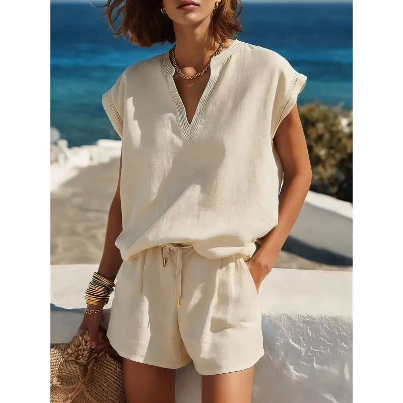 Women's Two-Piece Shorts Set – V-Neck Piped Top