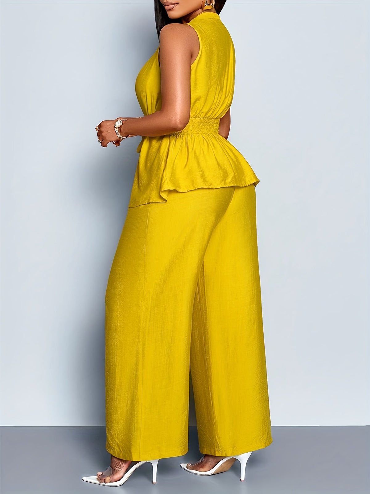 Women's Wrap Top and Pants Set – Peplum Wide-Leg