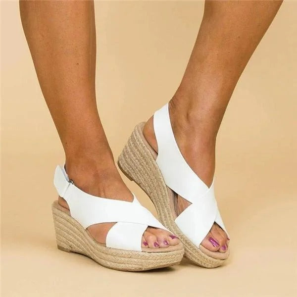 Women's Leather Espadrille Wedge Sandals – Adjustable Cross Straps