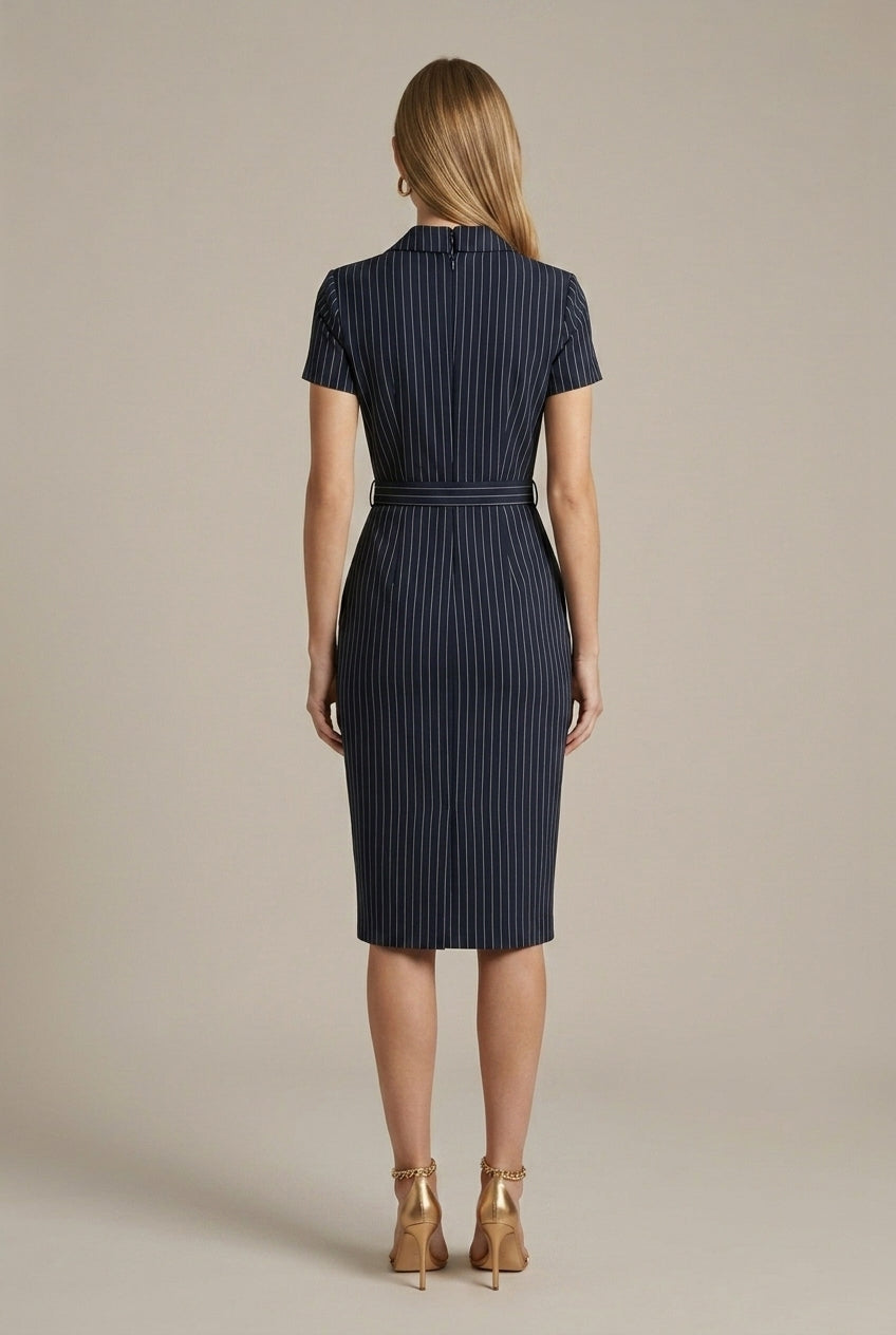 Women's Pinstripe Pencil Midi Dress – Belted Notched Lapel
