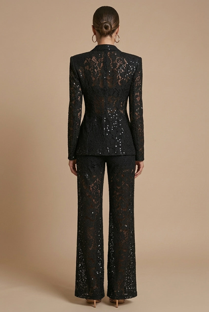 Women's Floral Lace Blazer and Pants Set – Peplum Wide-Leg
