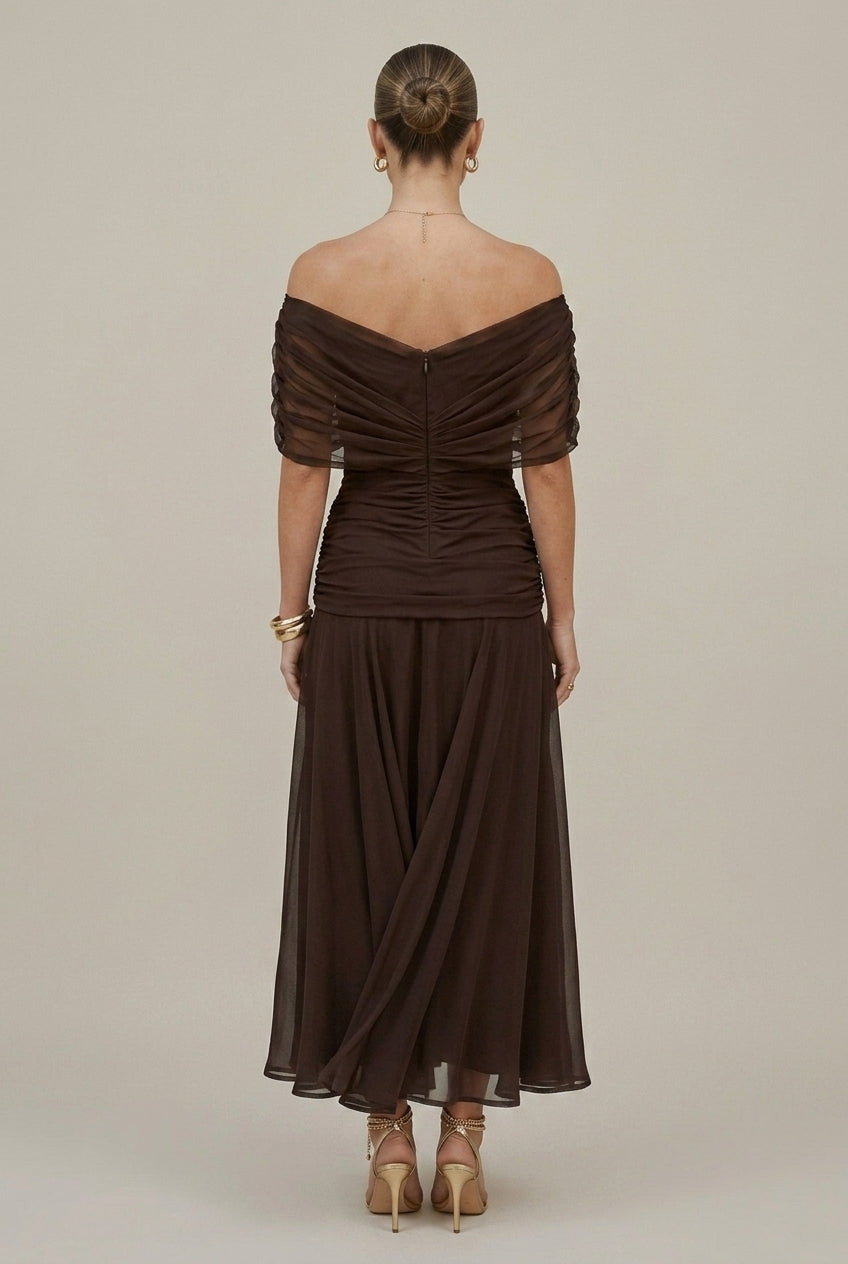 Women's Chiffon Maxi Dress – Off-Shoulder Gathered Waist