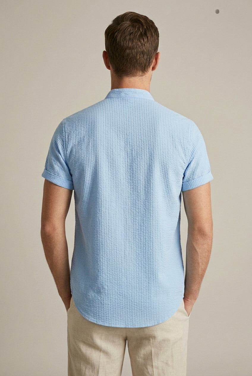 Men's Seersucker Band-Collar Shirt – Short Sleeve Relaxed
