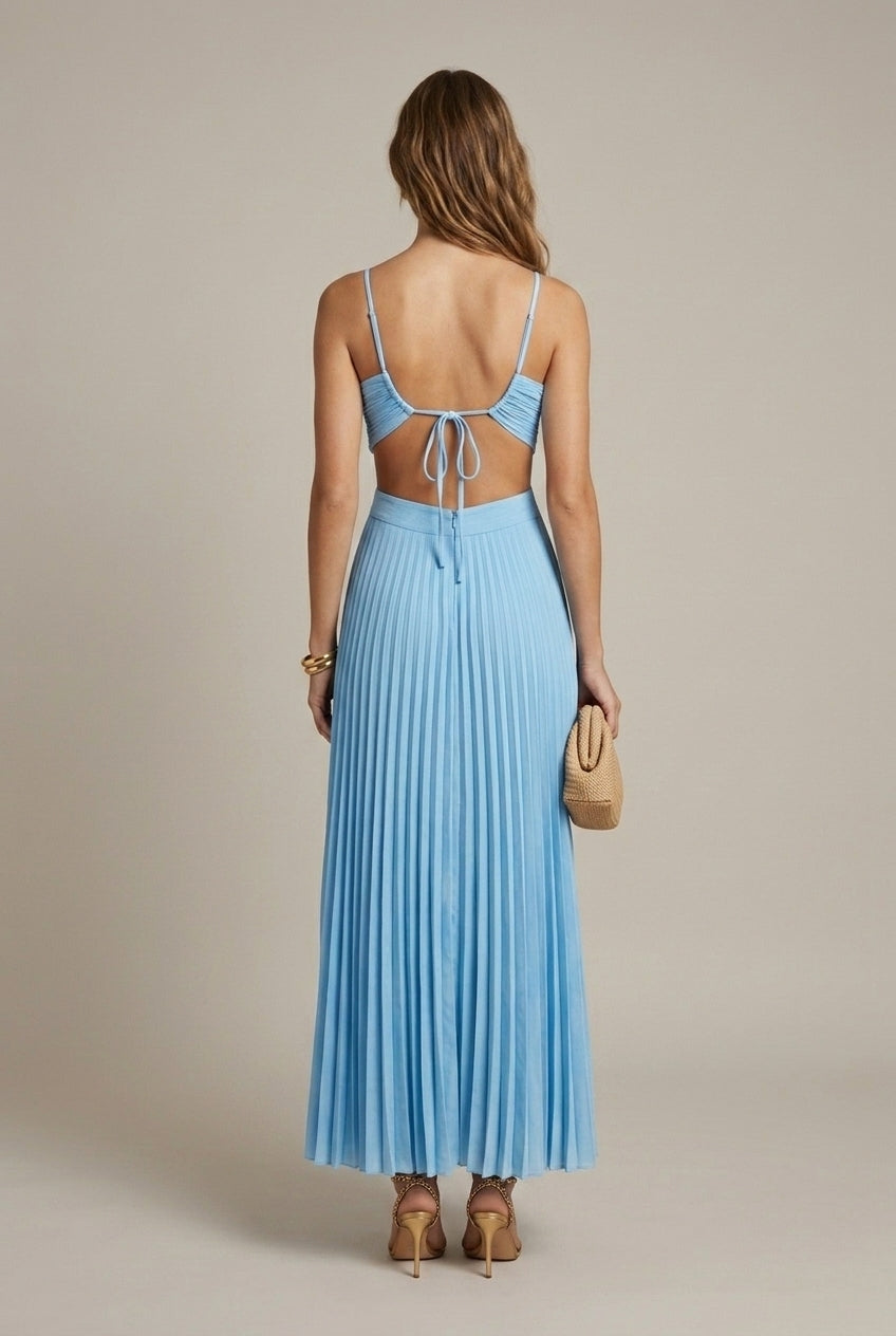 Women's Pleated Halter Maxi Dress – Tie-Back Cutout