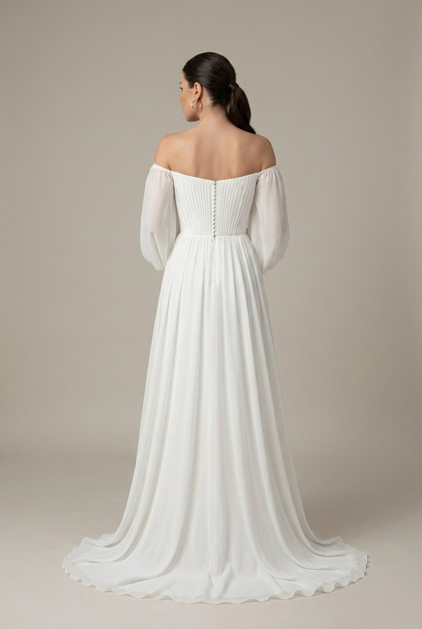Women's Off-Shoulder Maxi Dress – Pleated Puff Sleeves