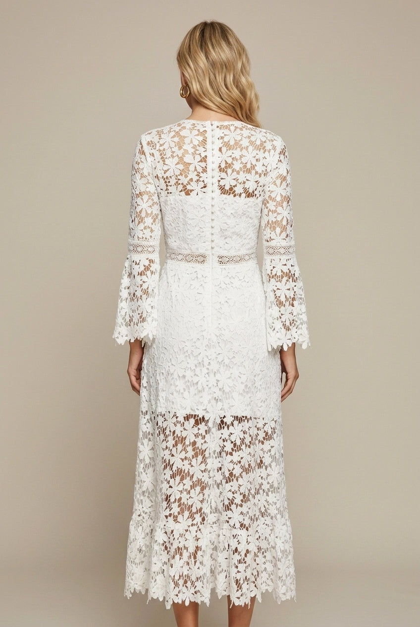 Women's Guipure Lace Maxi Dress – V-Neck Long Sleeve