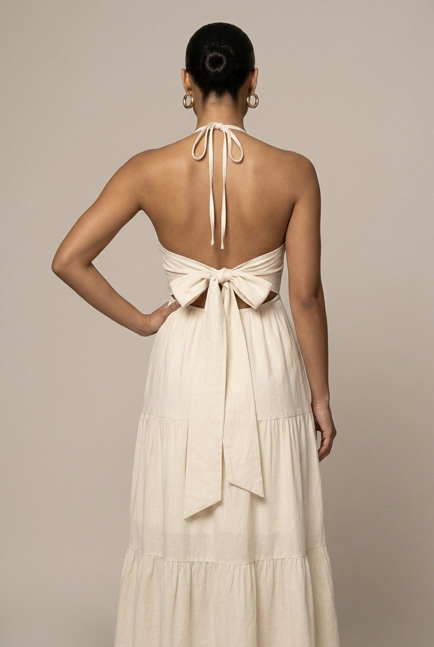 Women's Halter Maxi Dress – Tiered Ruffle Open Back