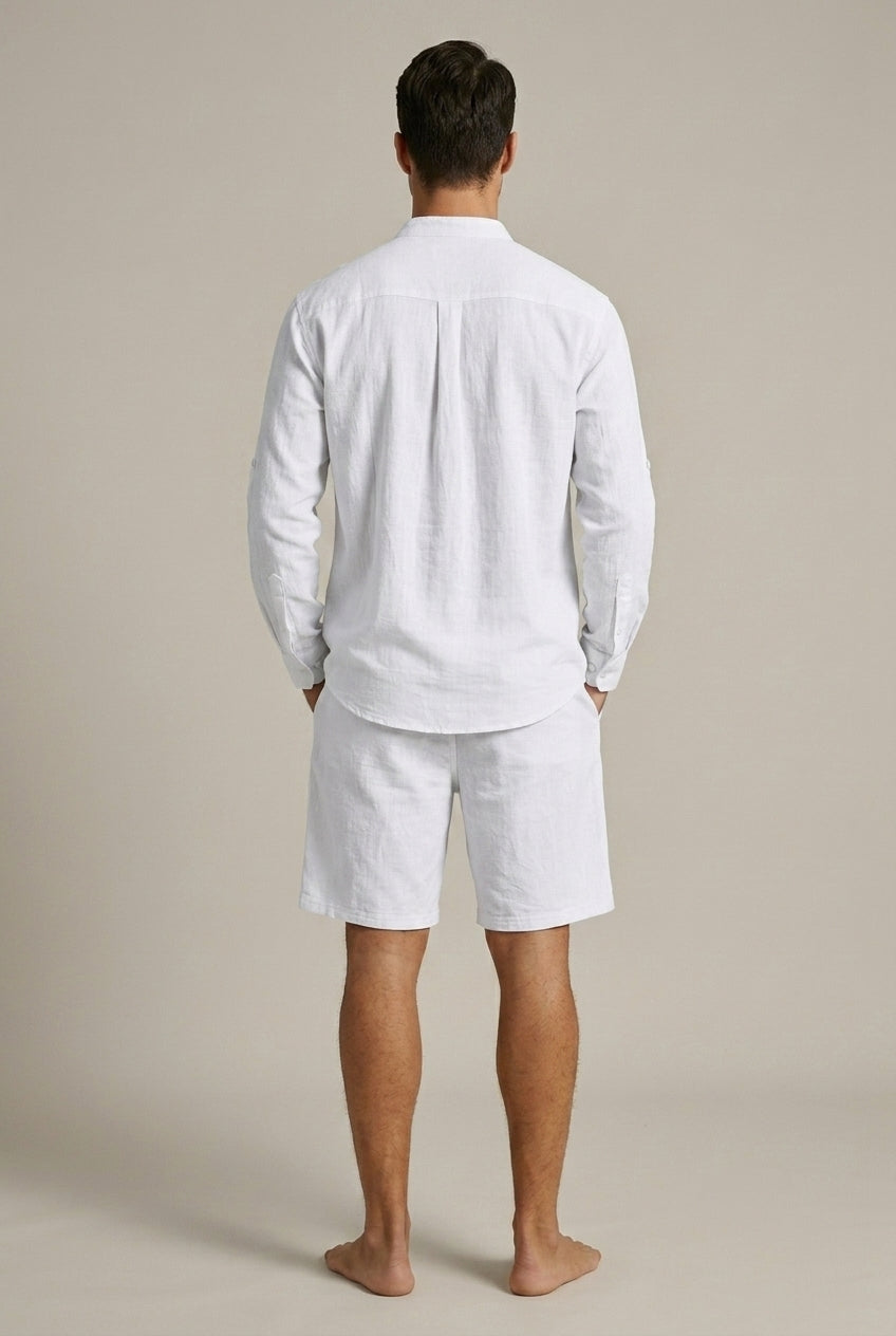 Men's Linen-Look Shirt and Shorts Set – Band Collar Relaxed Fit