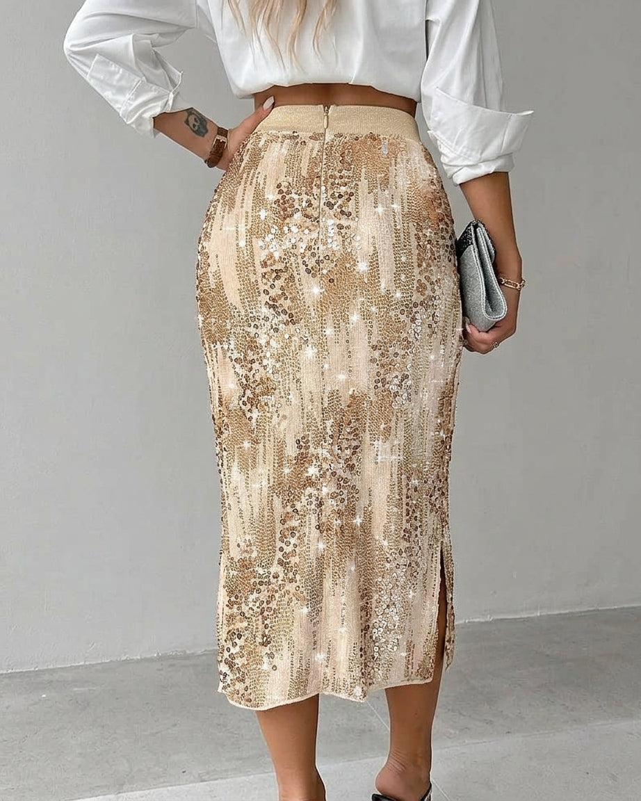 Women's Sequin Pencil Midi Skirt – High Waist Side Slit