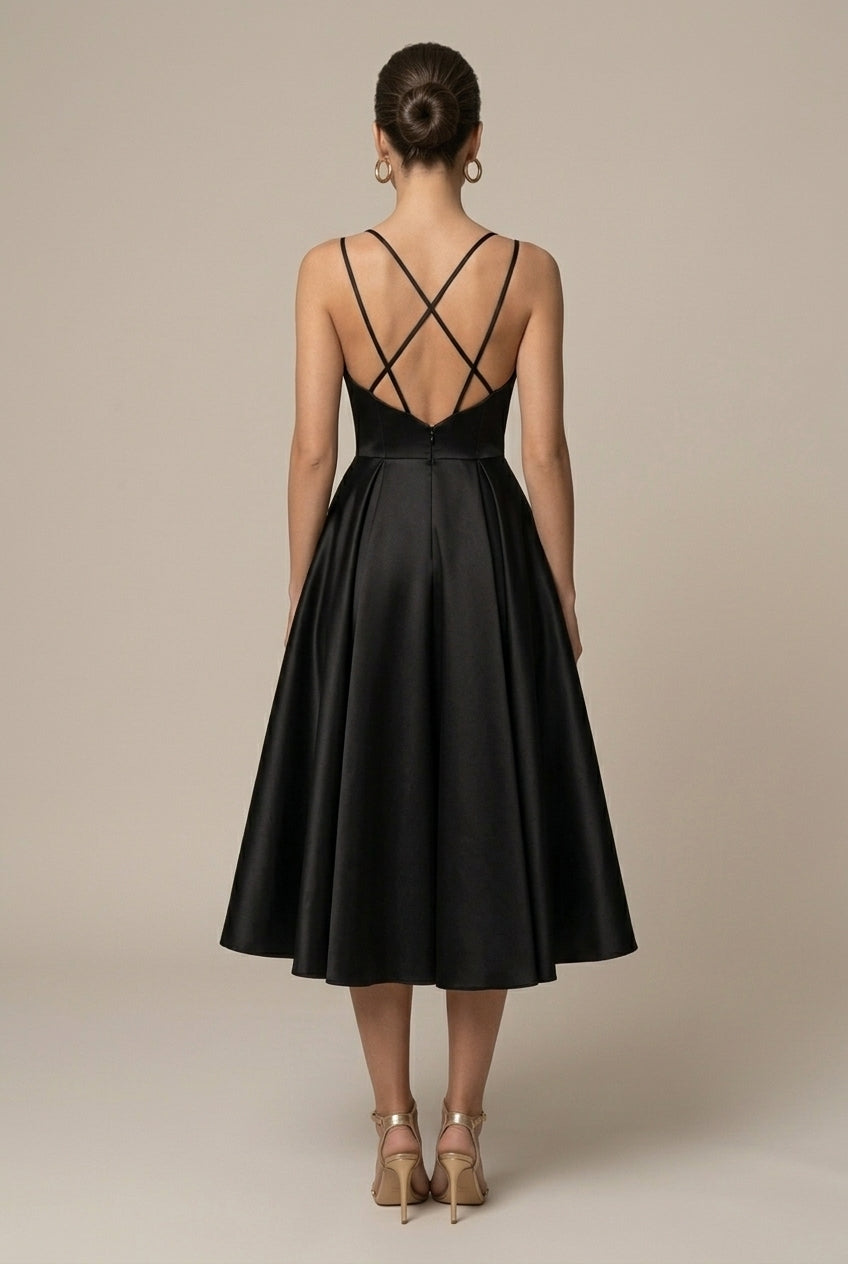 Women's A-Line Midi Dress – V-Neck Double Straps