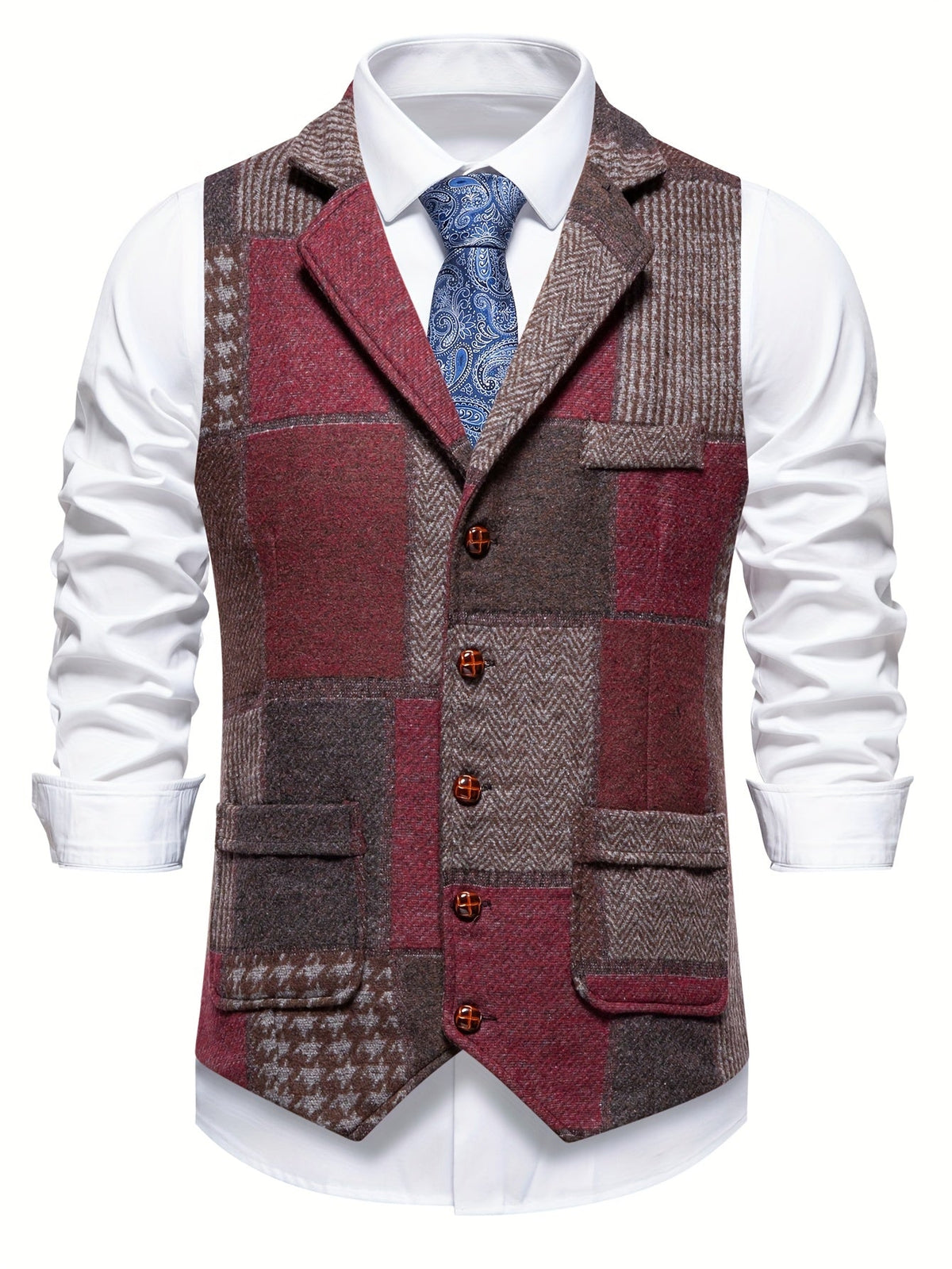 Men's Herringbone Patchwork Vest – Notched Lapel Tweed Look