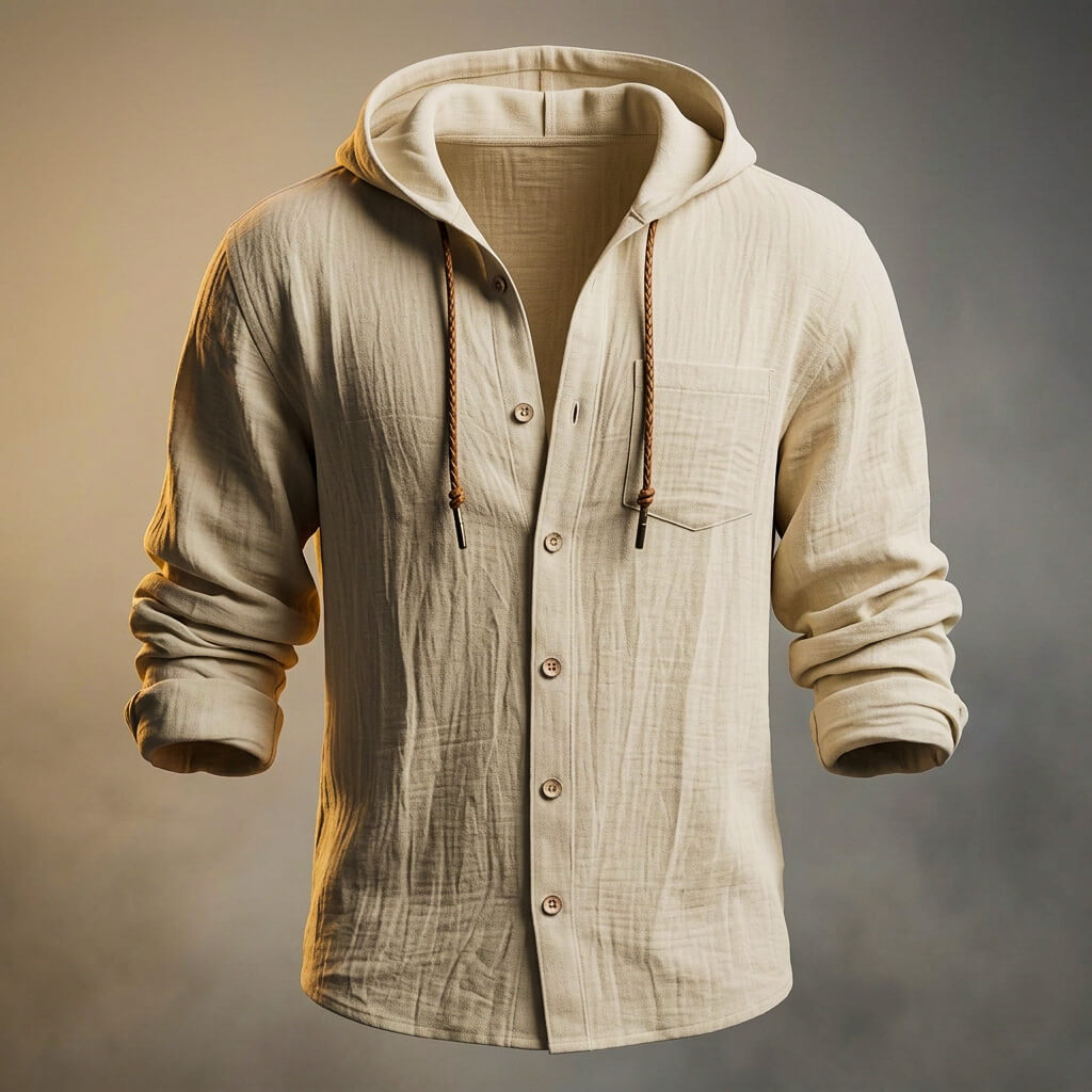 Men's Cotton-Linen Hooded Jacket – Lightweight Button Front