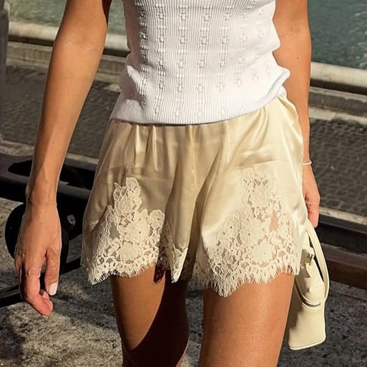 Women's Satin Shorts – Floral Lace Trim