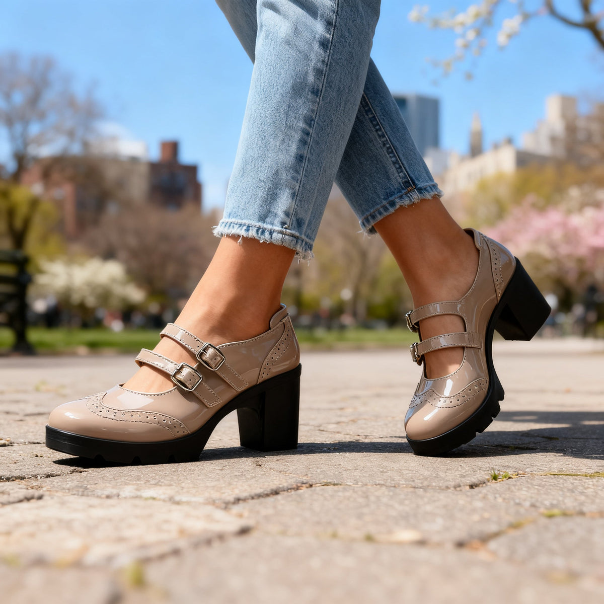 Women's Platform Mary Jane Heels – Double Buckle Block Heel