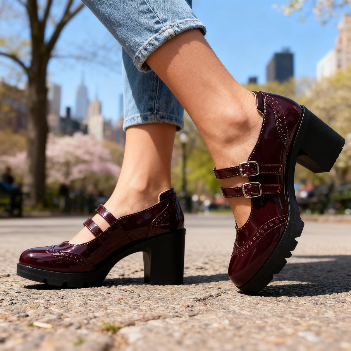 Women's Platform Mary Jane Heels – Double Buckle Block Heel