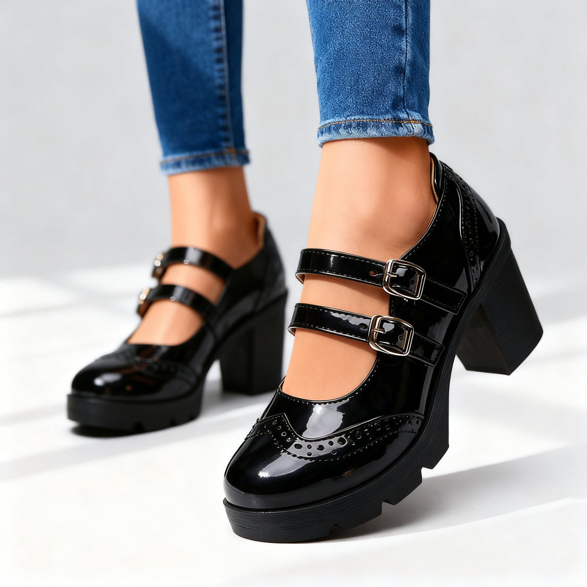 Women's Platform Mary Jane Heels – Double Buckle Block Heel