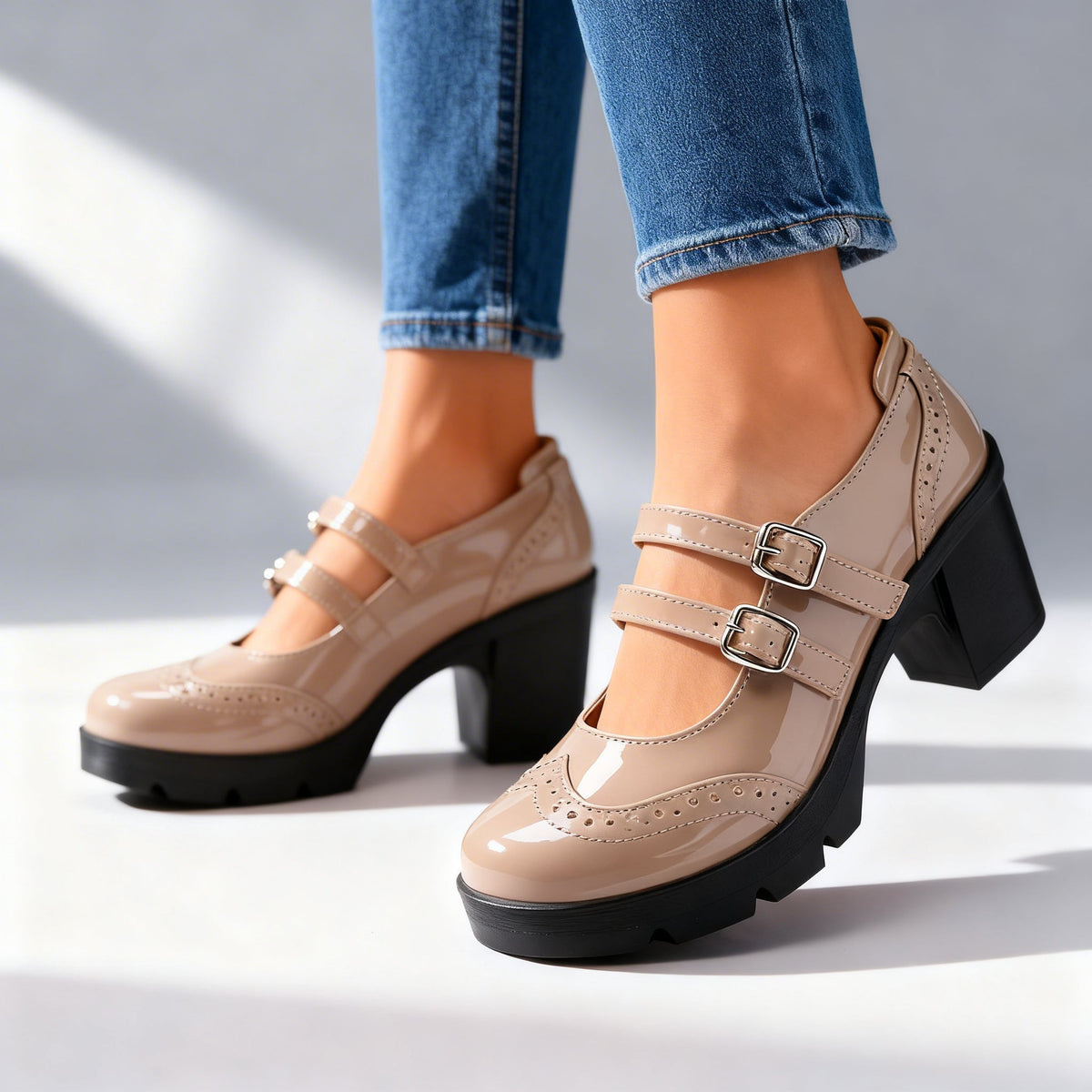 Women's Platform Mary Jane Heels – Double Buckle Block Heel