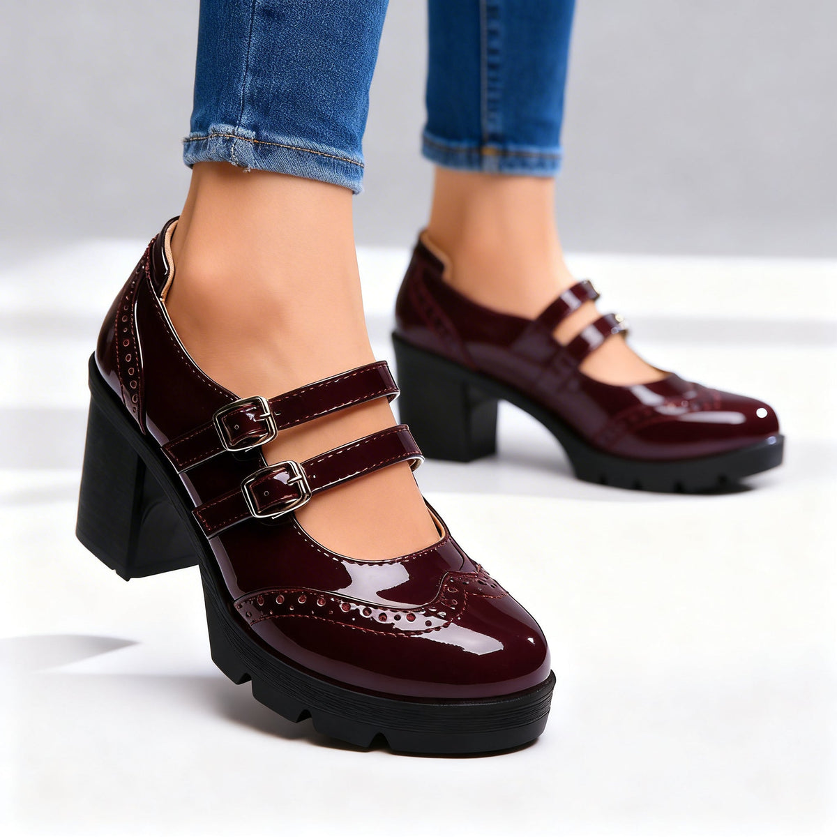 Women's Platform Mary Jane Heels – Double Buckle Block Heel