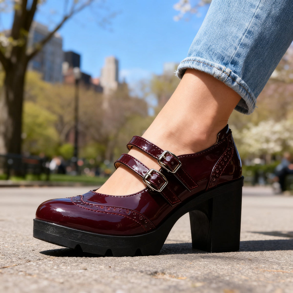 Women's Platform Mary Jane Heels – Double Buckle Block Heel