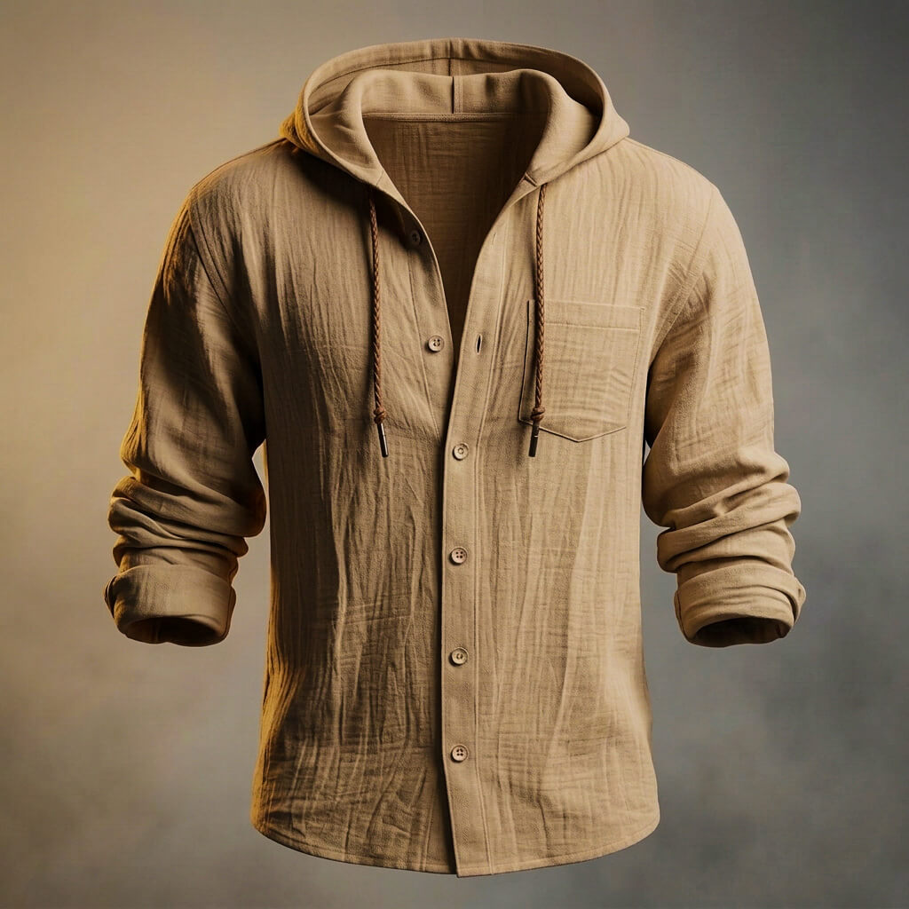 Men's Cotton-Linen Hooded Jacket – Lightweight Button Front