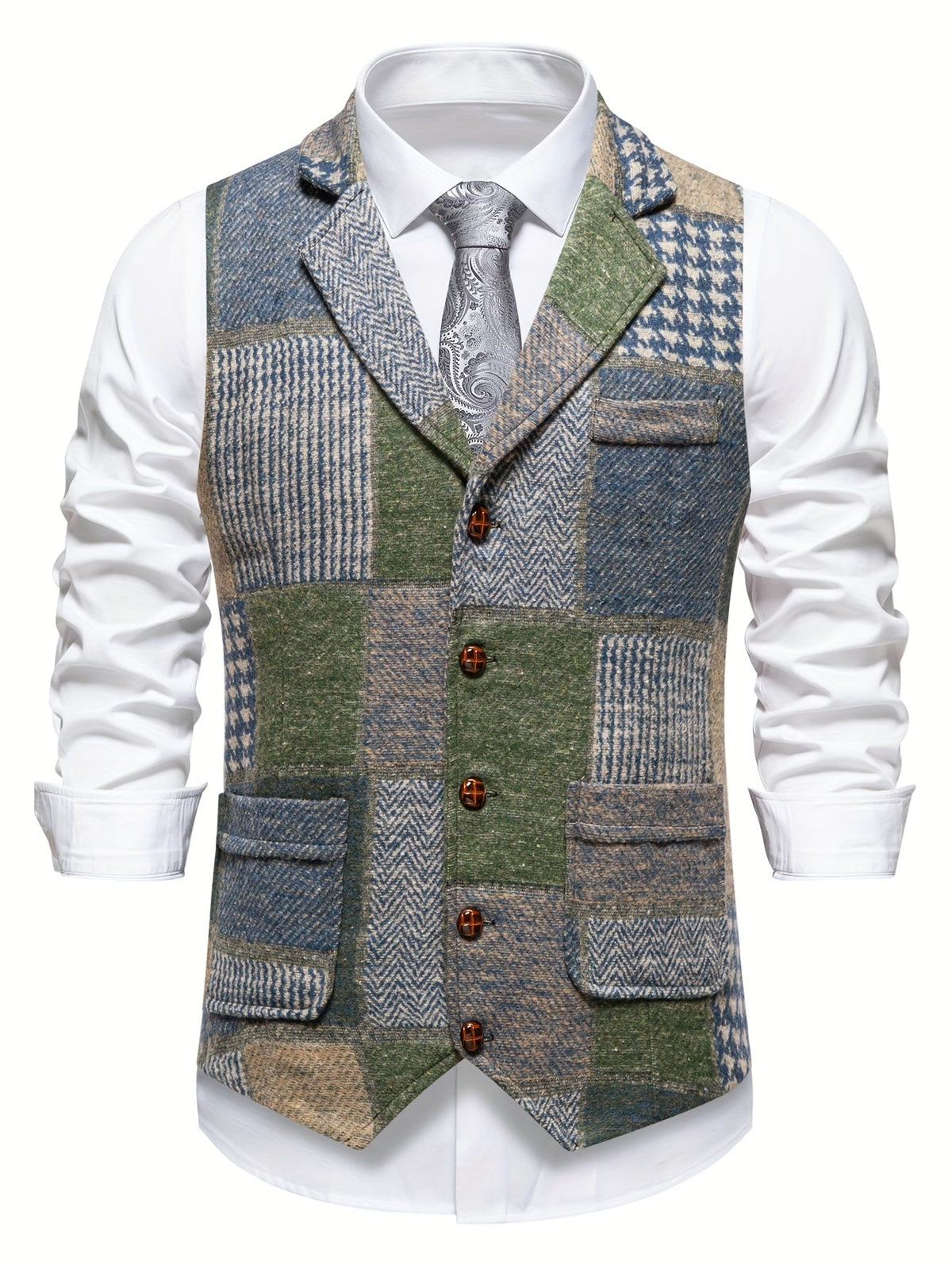 Men's Herringbone Patchwork Vest – Notched Lapel Tweed Look