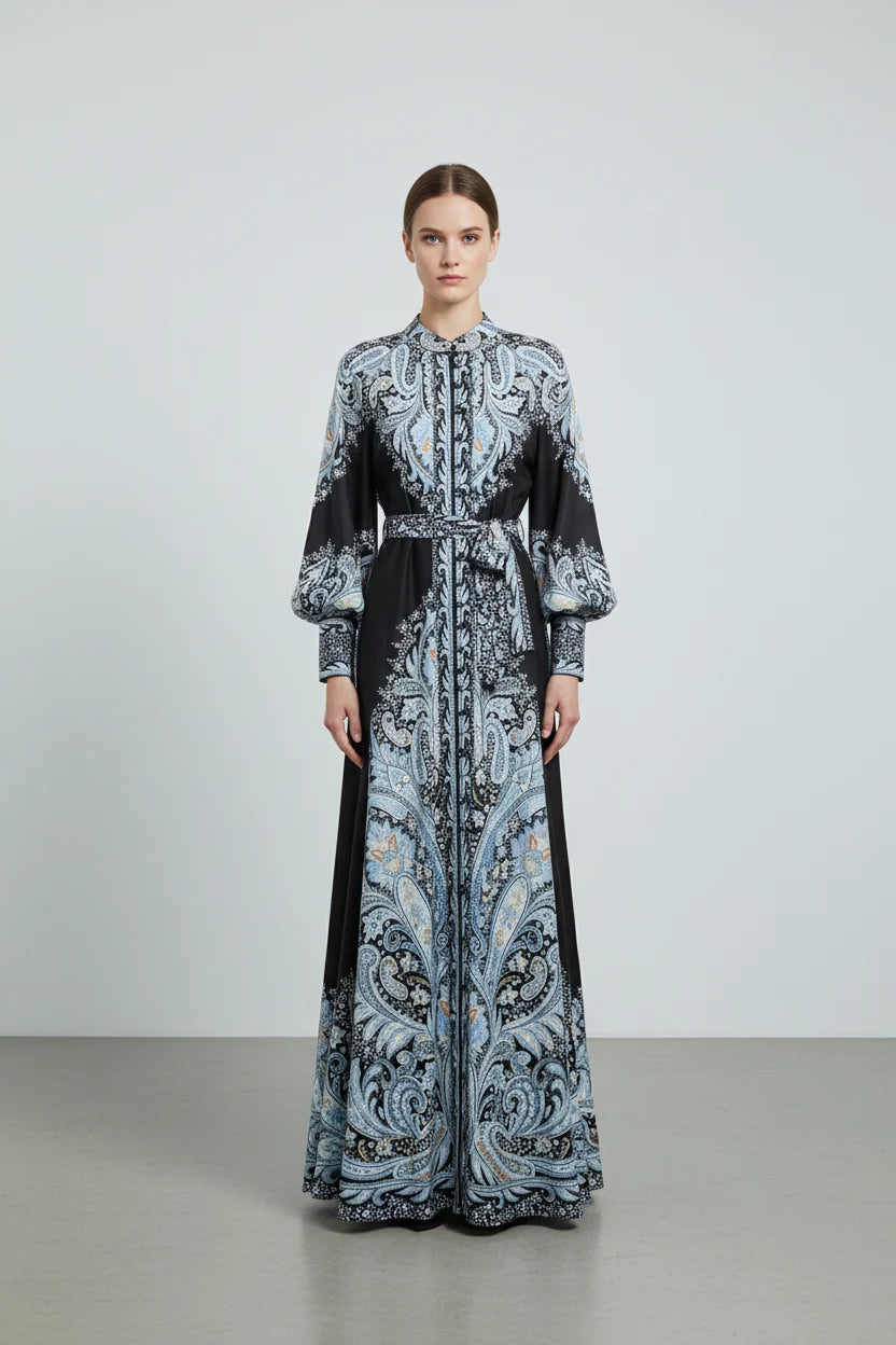 Women's Lapel Maxi Dress – Lantern Sleeve A-Line