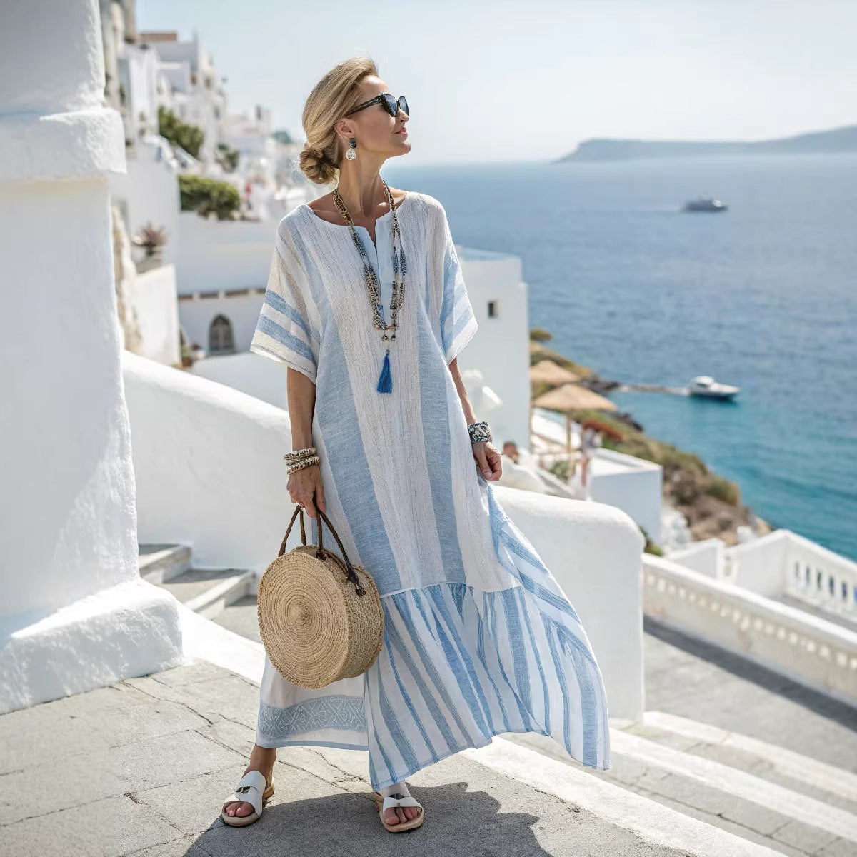 Women's Kaftan Maxi Dress – V-Neck Stripe Trim
