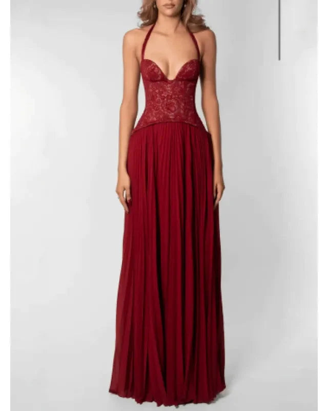 Women's Halter Maxi Dress – Open Back Pleated Skirt