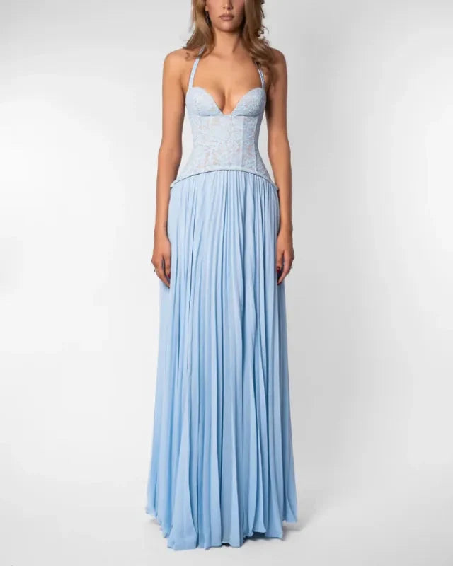 Women's Halter Maxi Dress – Open Back Pleated Skirt