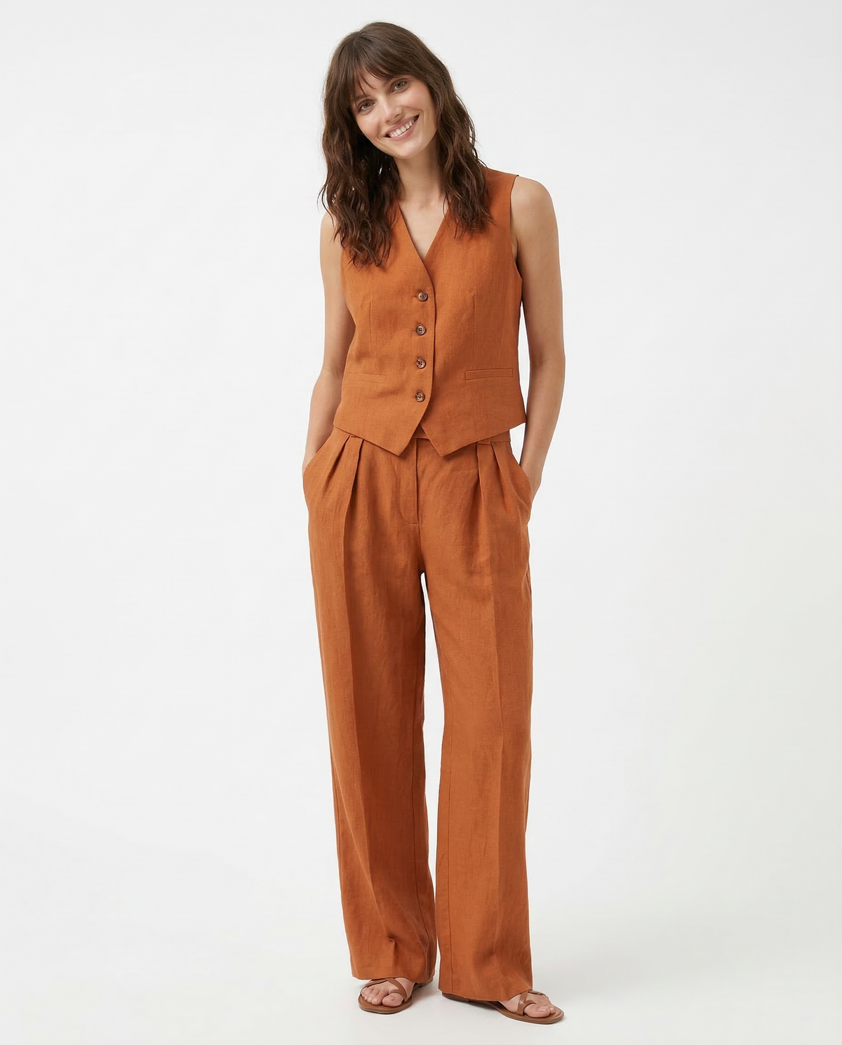 Women's Linen Vest and Pants Set – Wide-Leg Pleated