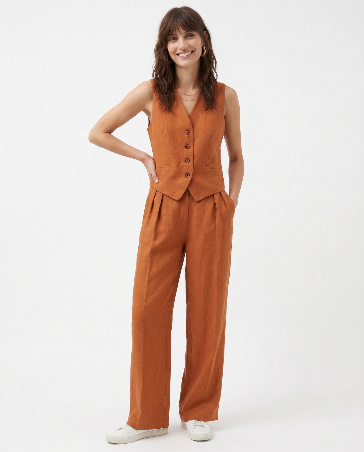 Women's Linen Vest and Pants Set – Wide-Leg Pleated