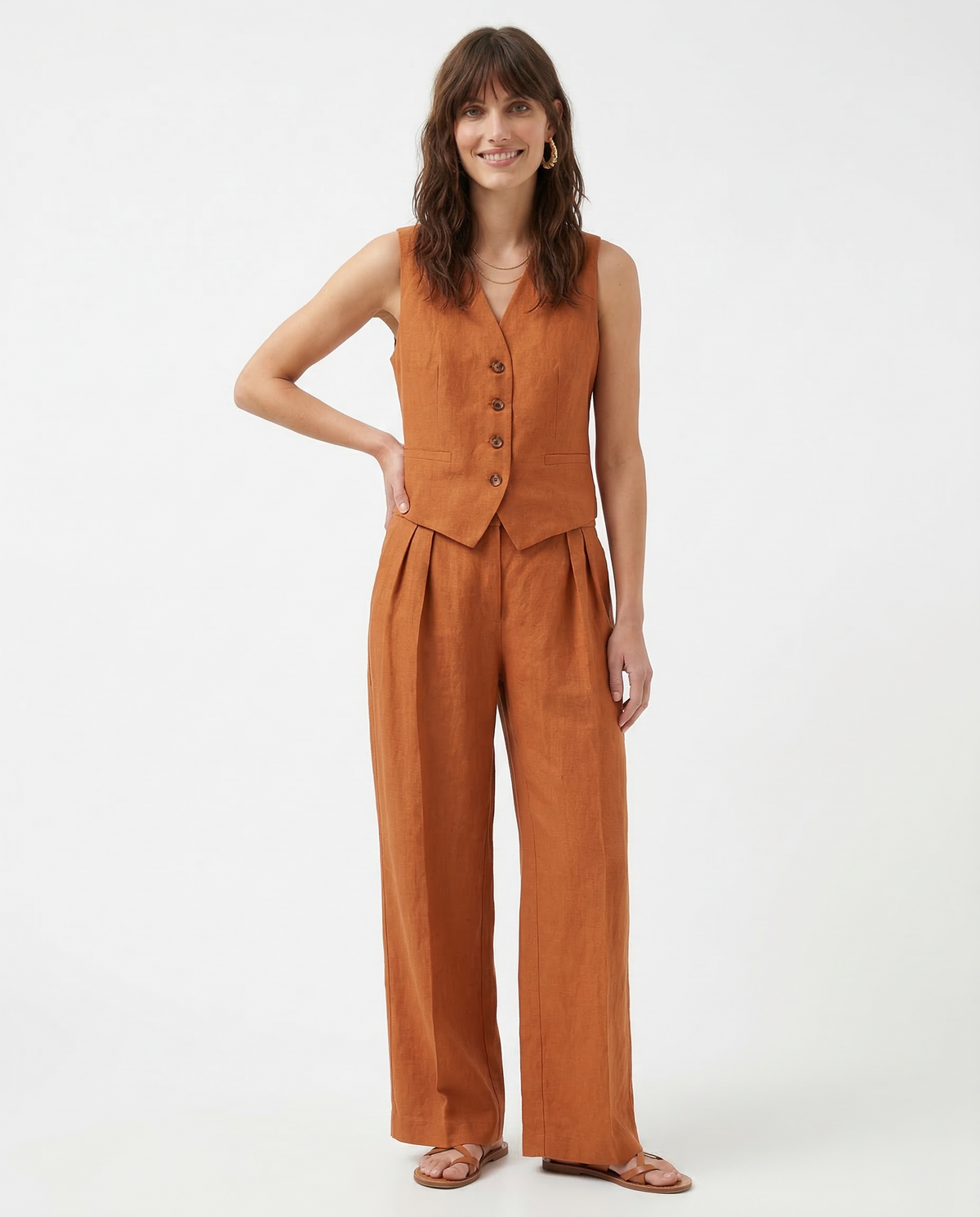 Women's Linen Vest and Pants Set – Wide-Leg Pleated
