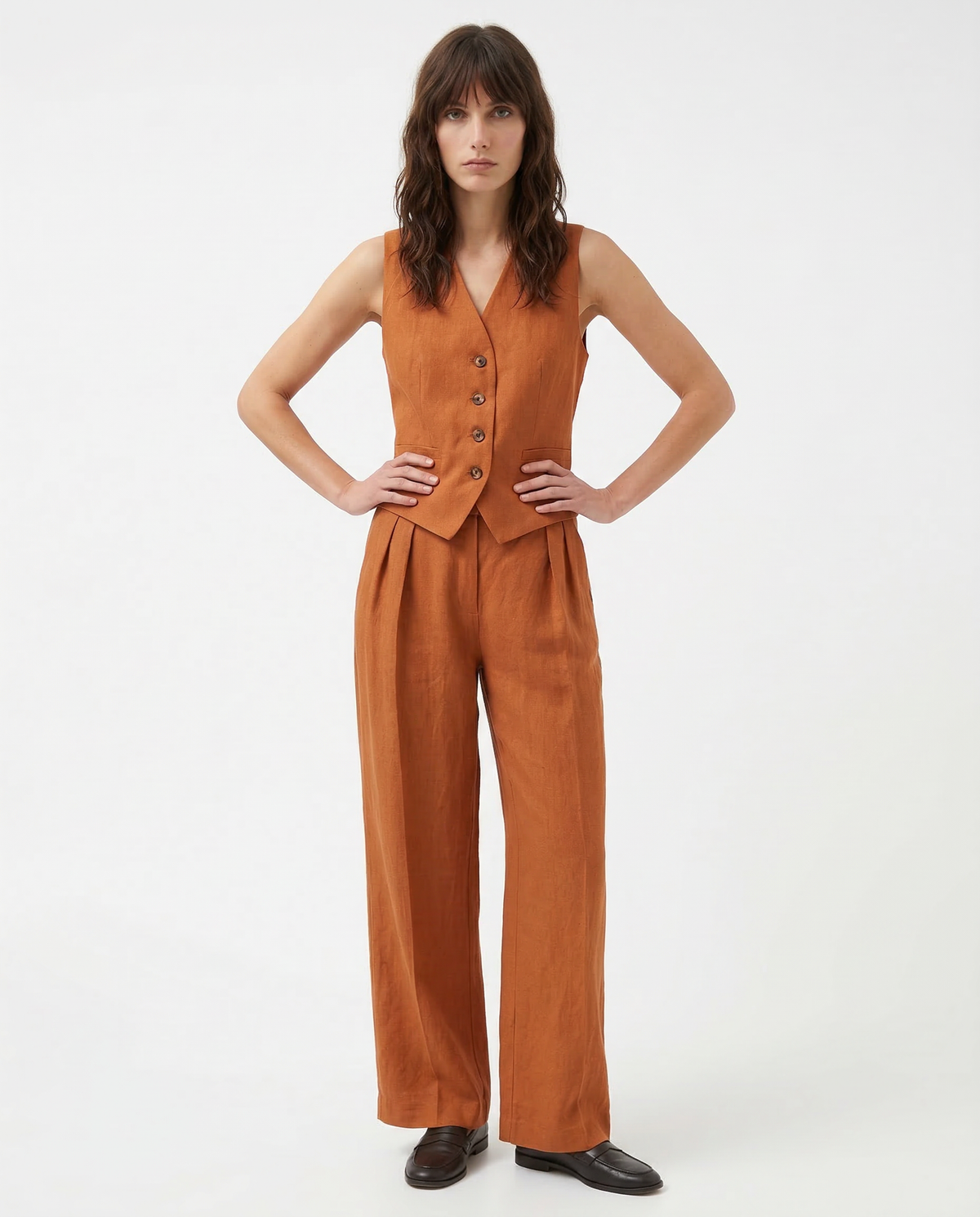 Women's Linen Vest and Pants Set – Wide-Leg Pleated