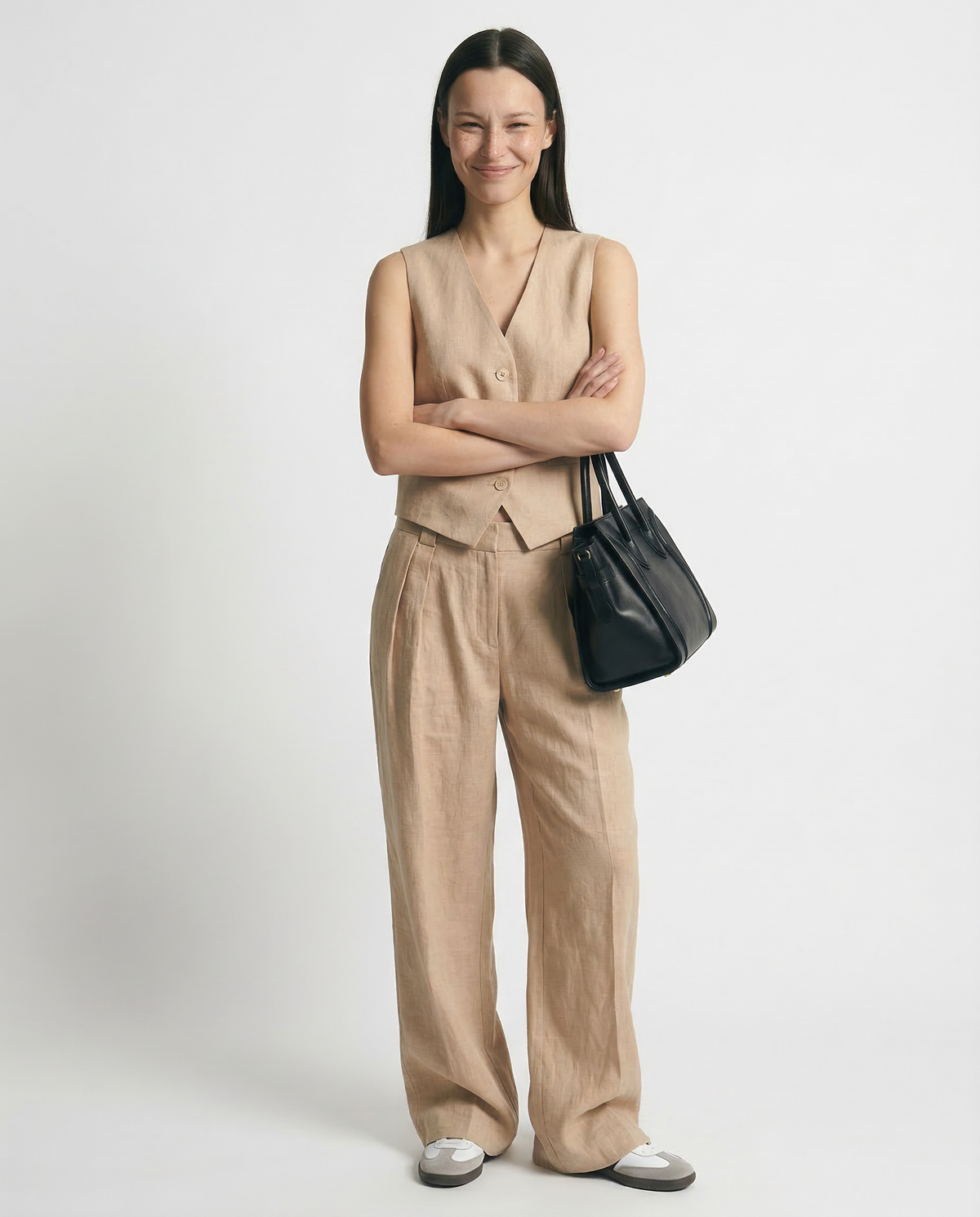 Women's Linen Vest and Pants Set – Wide-Leg Pleated