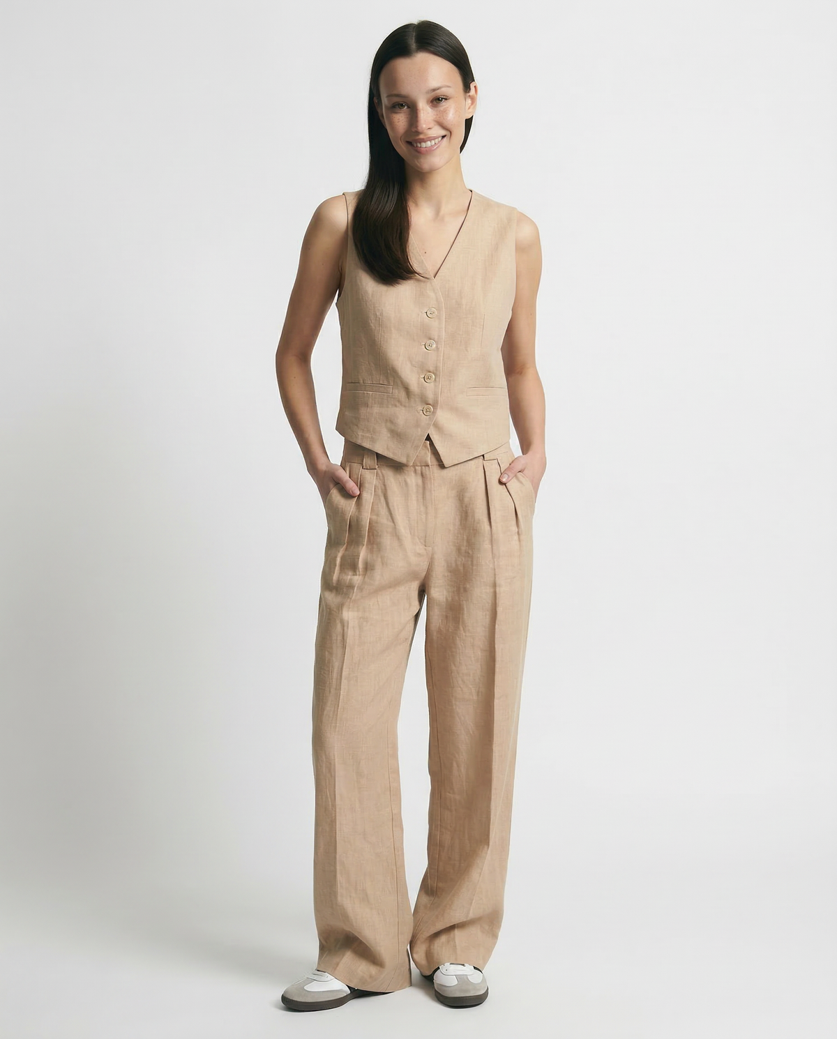 Women's Linen Vest and Pants Set – Wide-Leg Pleated