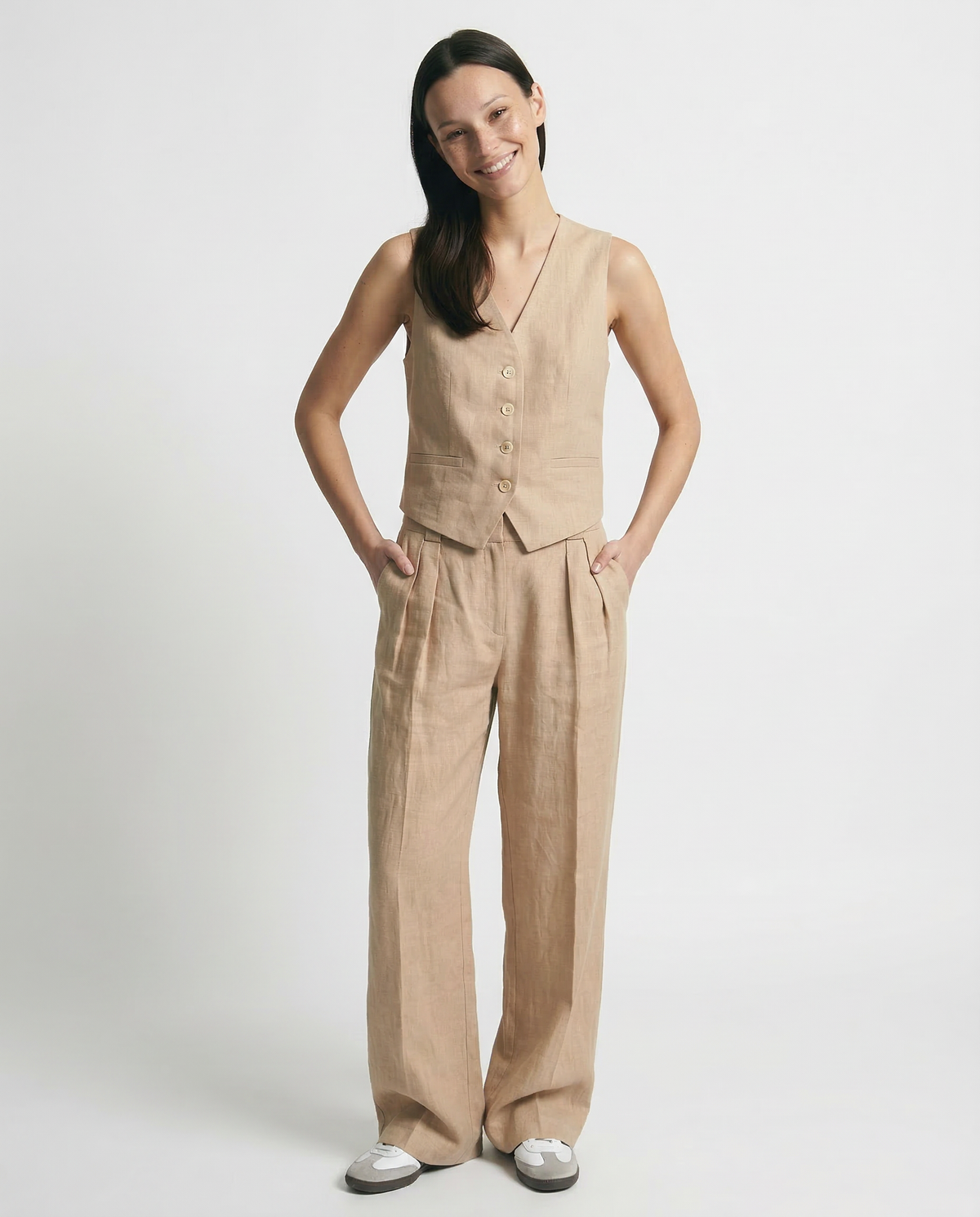 Women's Linen Vest and Pants Set – Wide-Leg Pleated