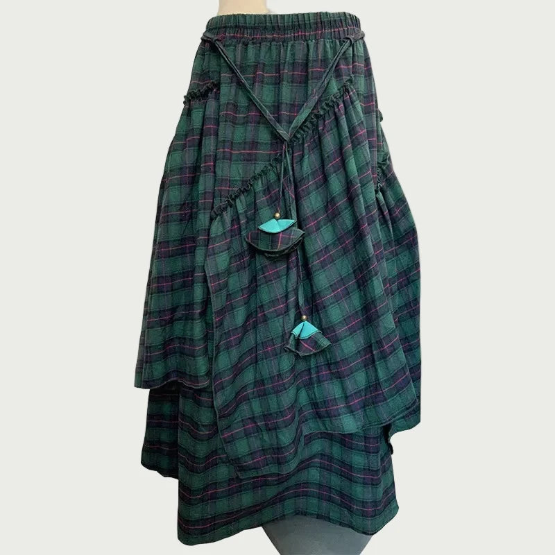 Women's Asymmetric Plaid Midi Skirt – Paneled Tiered Hem