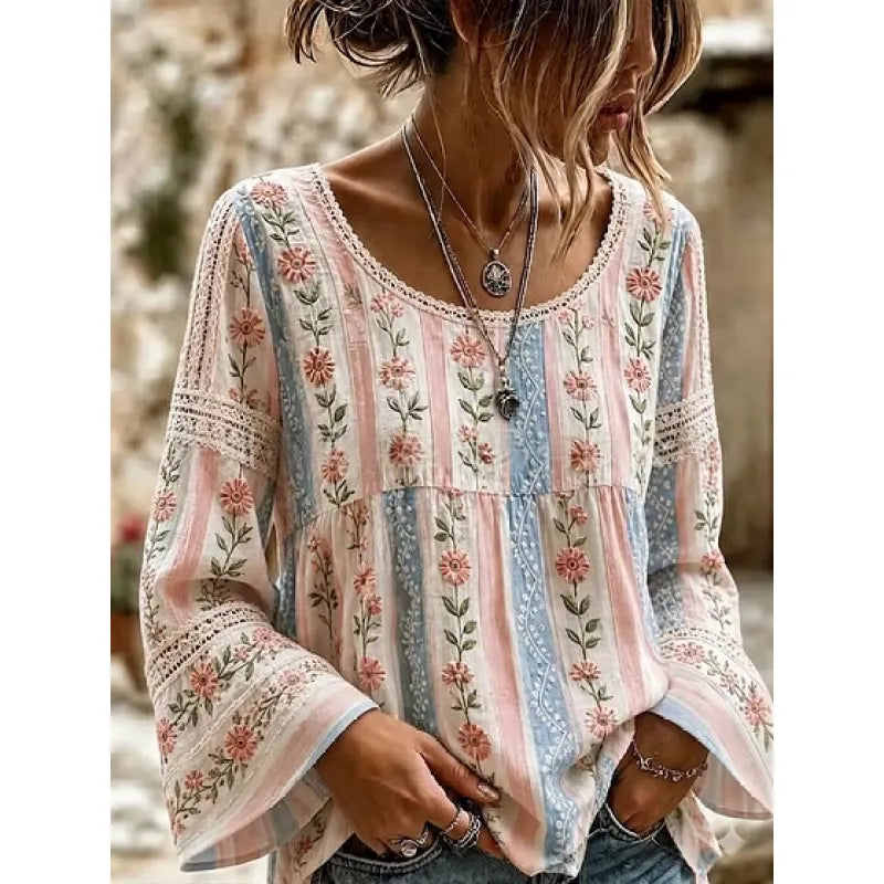 Women's Embroidered Linen-Blend Top – Relaxed Long Sleeve