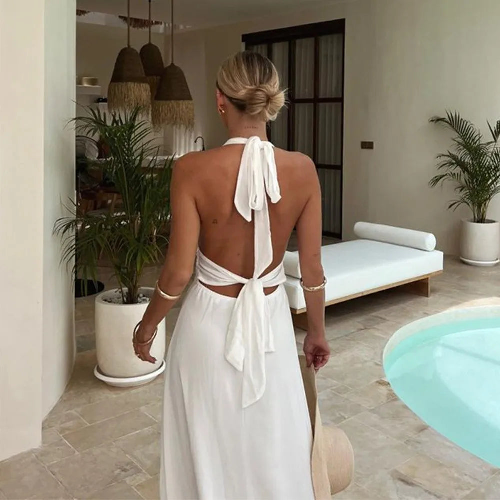 Women's Halter Maxi Dress – Plunging Neck and Side Slit